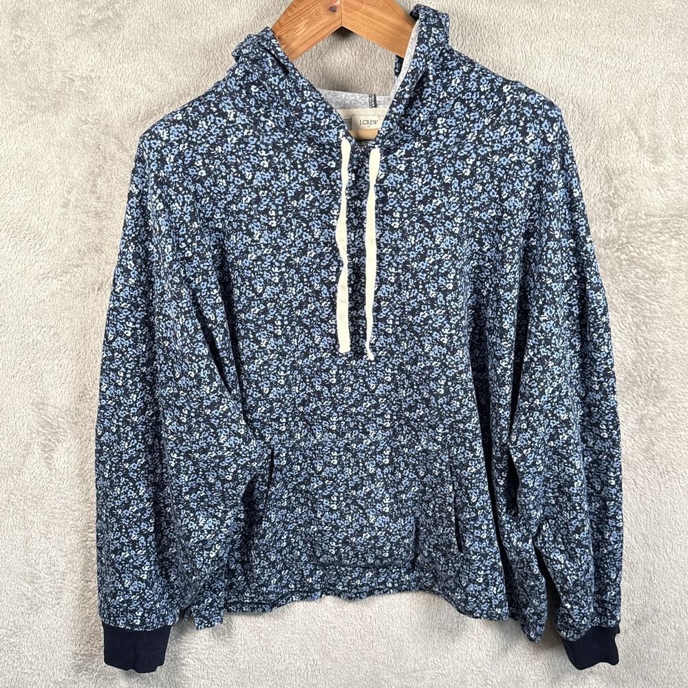 J.CREW Ditsy Floral Print Hoodie Sweatshirt Size 3X Blue Boxy Cropped Cotton